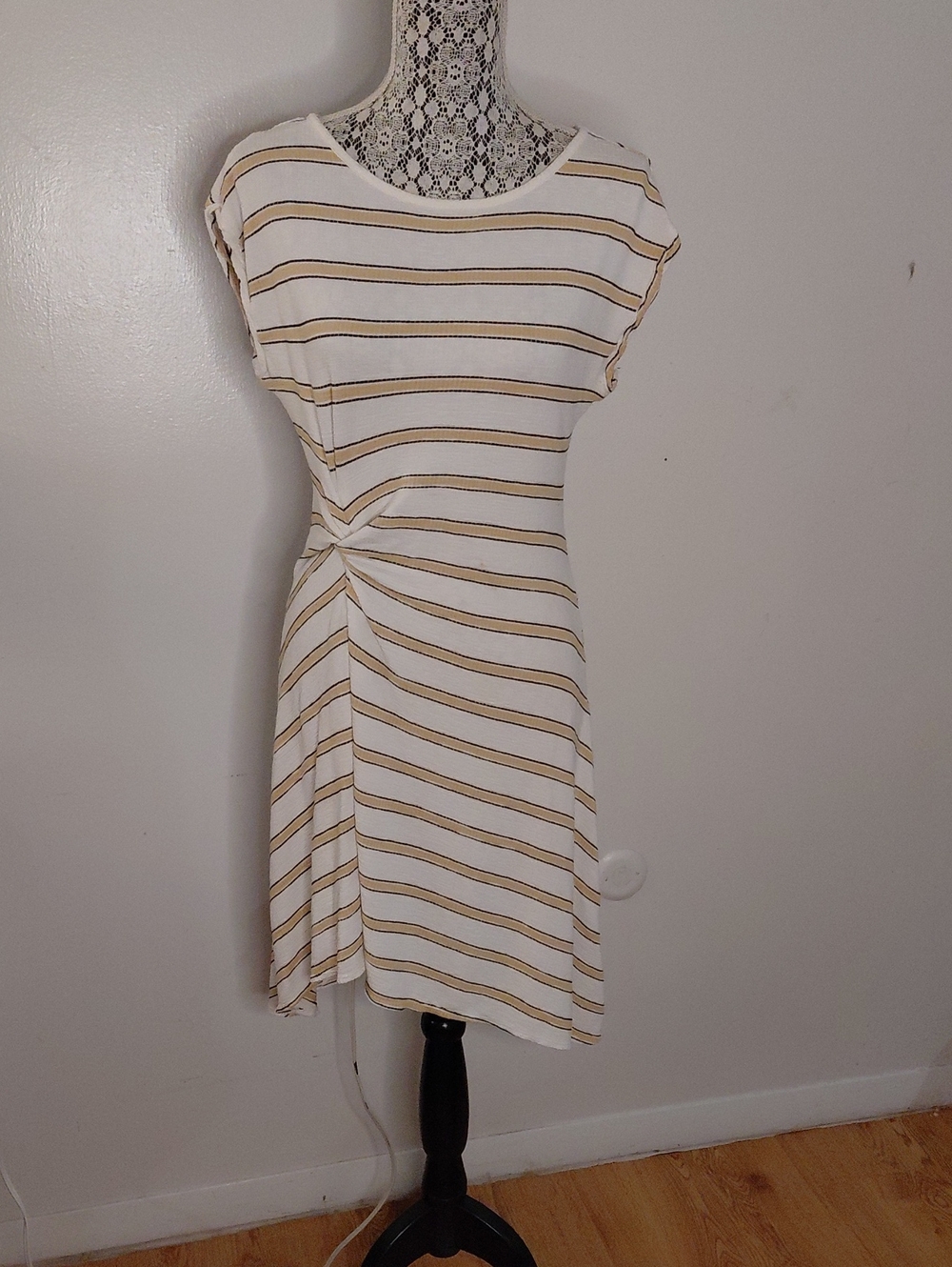 Max Studio White & Tan Striped Twist-Front Midi Dress